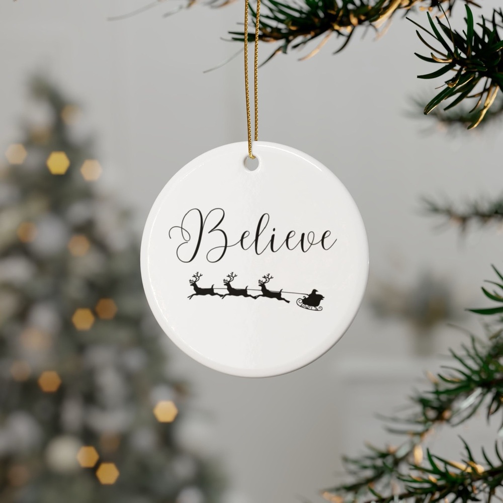Believe Santa and Reindeer Ceramic Christmas Tree Ornament